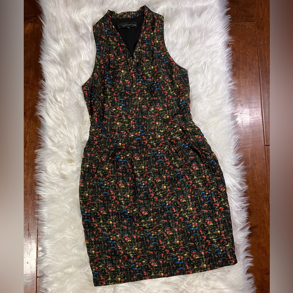 Adelyn Rae mini dress with neon mixed color print on black cross front side zip